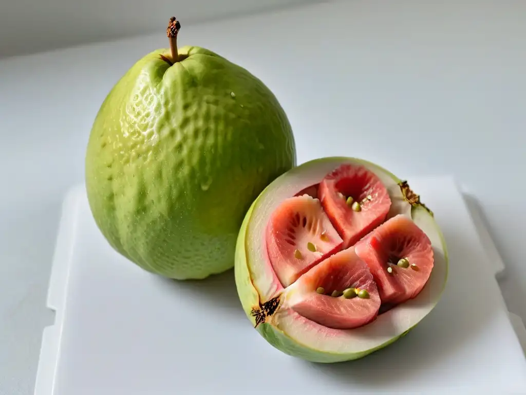 Deliciosa guayaba exótica lista para recetas de repostería, fresca y vibrante en un fondo blanco elegante