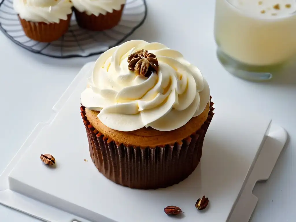 Deliciosa foto de cupcakes de zanahoria y nuez recién horneados, con frosting de crema de queso y nuez en un plato blanco