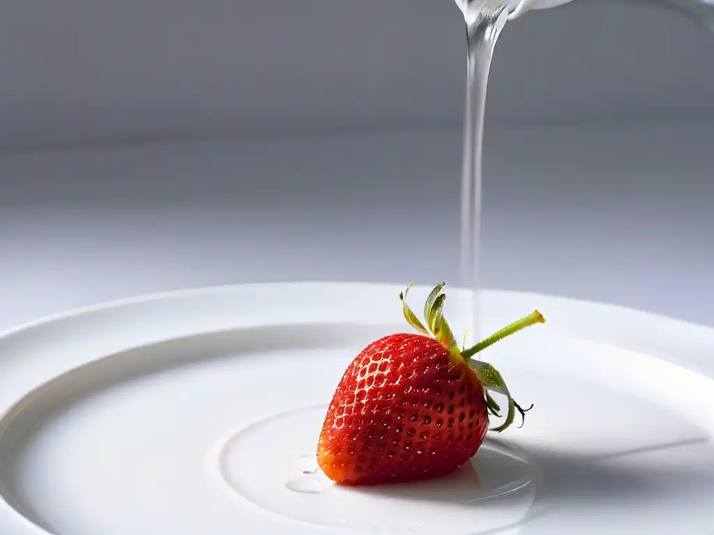 Deliciosa fresa madura con gotas de agua, en plato blanco