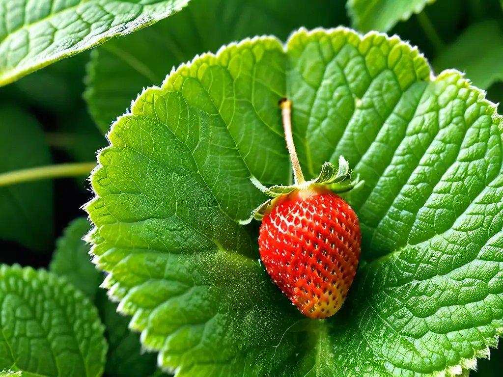 Deliciosa fresa madura sobre hojas de menta fresca