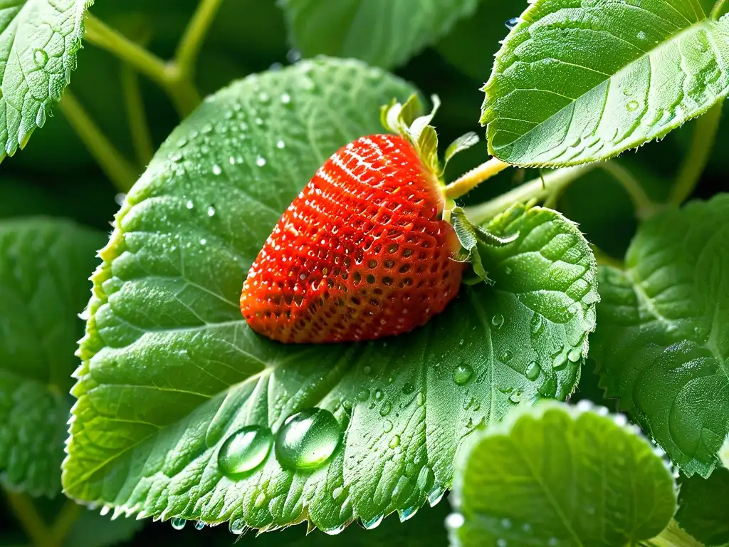 Deliciosa fresa madura sobre hojas de menta fresca con agua brillante, ideal para endulzantes naturales para postres saludables