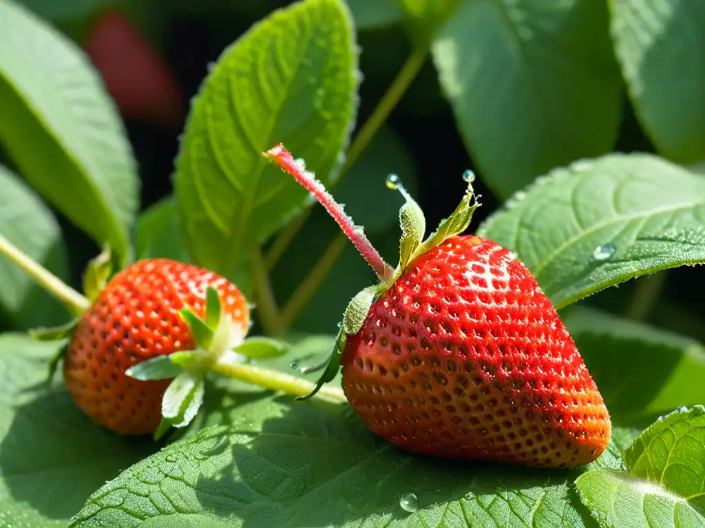 Deliciosa fresa madura sobre hojas de menta fresca con rocío, creando un postre bajo en calorías delicioso