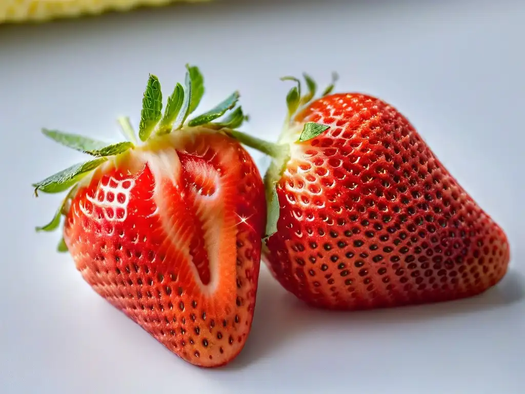 Deliciosa fresa madura y jugosa, rebanada, con semillas y color rojo vibrante en fondo blanco