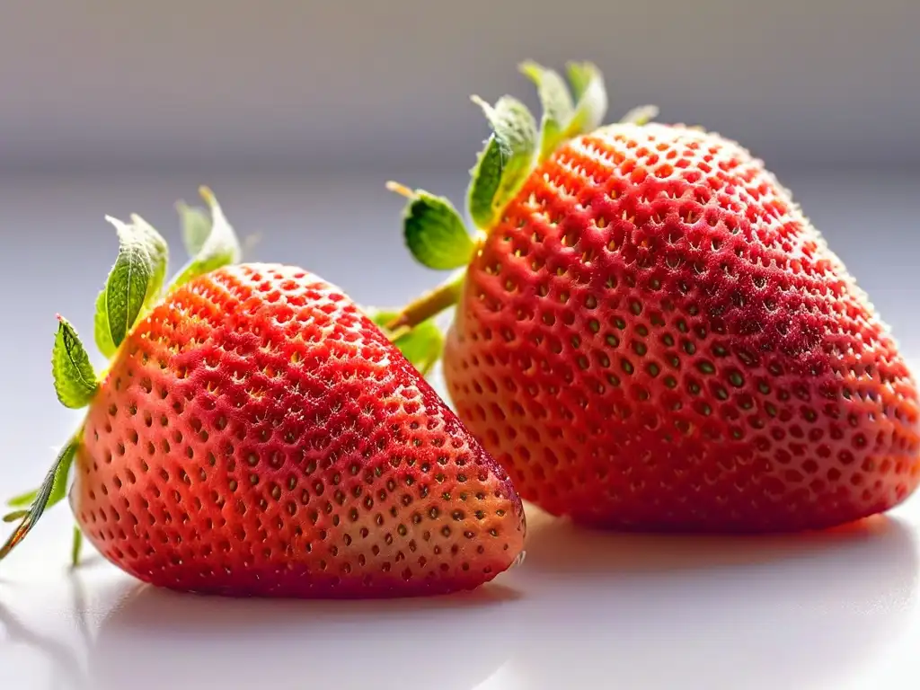 Delicioso detalle de fresa madura: semillas jugosas Deliciosa fresa madura y jugosa, cortada por la mitad, resaltando sus semillas en un fondo blanco