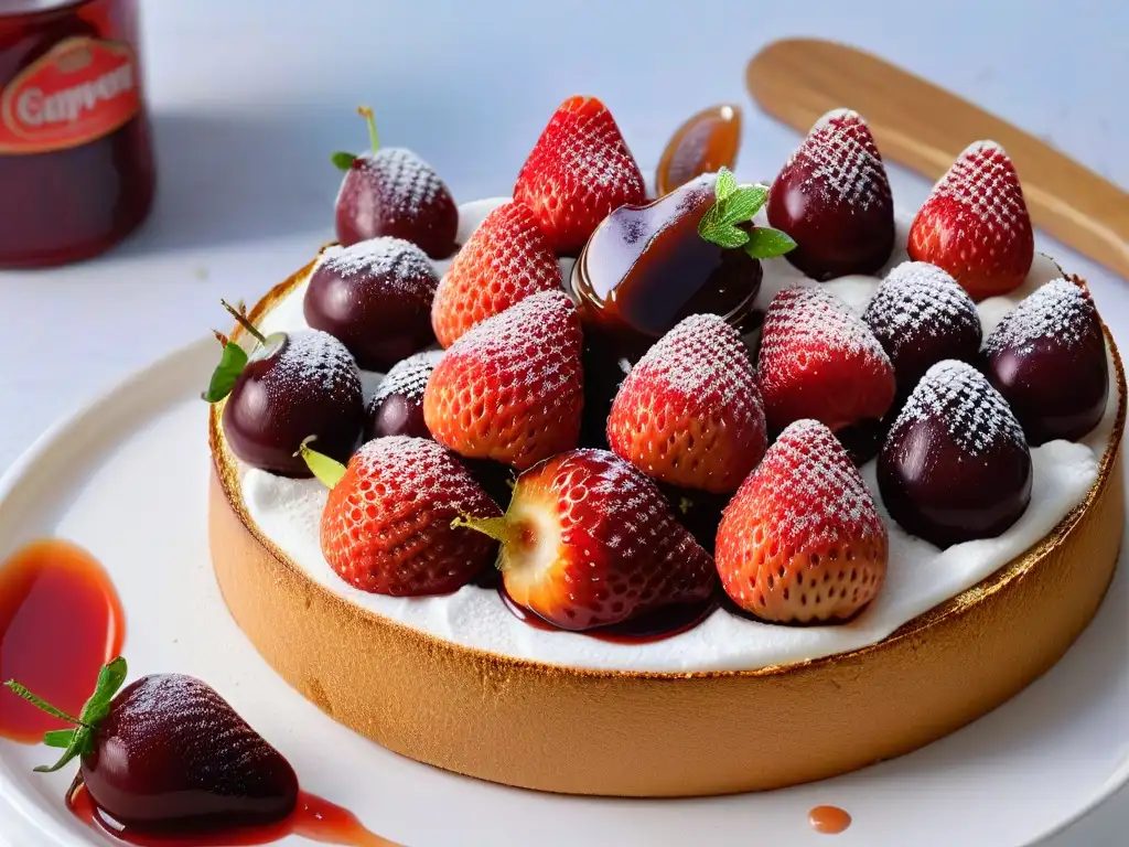 Deliciosa fresa con mermelada casera sobre pan rústico en plato cerámico blanco con diseño floral