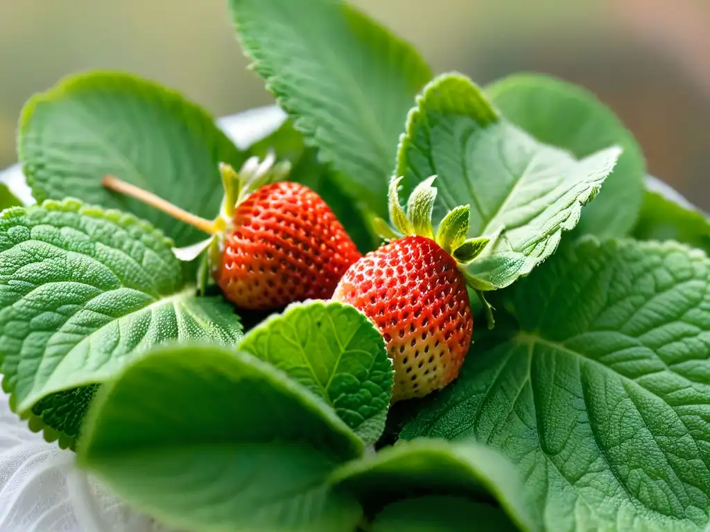 Deliciosa fresa orgánica sobre hojas de menta fresca