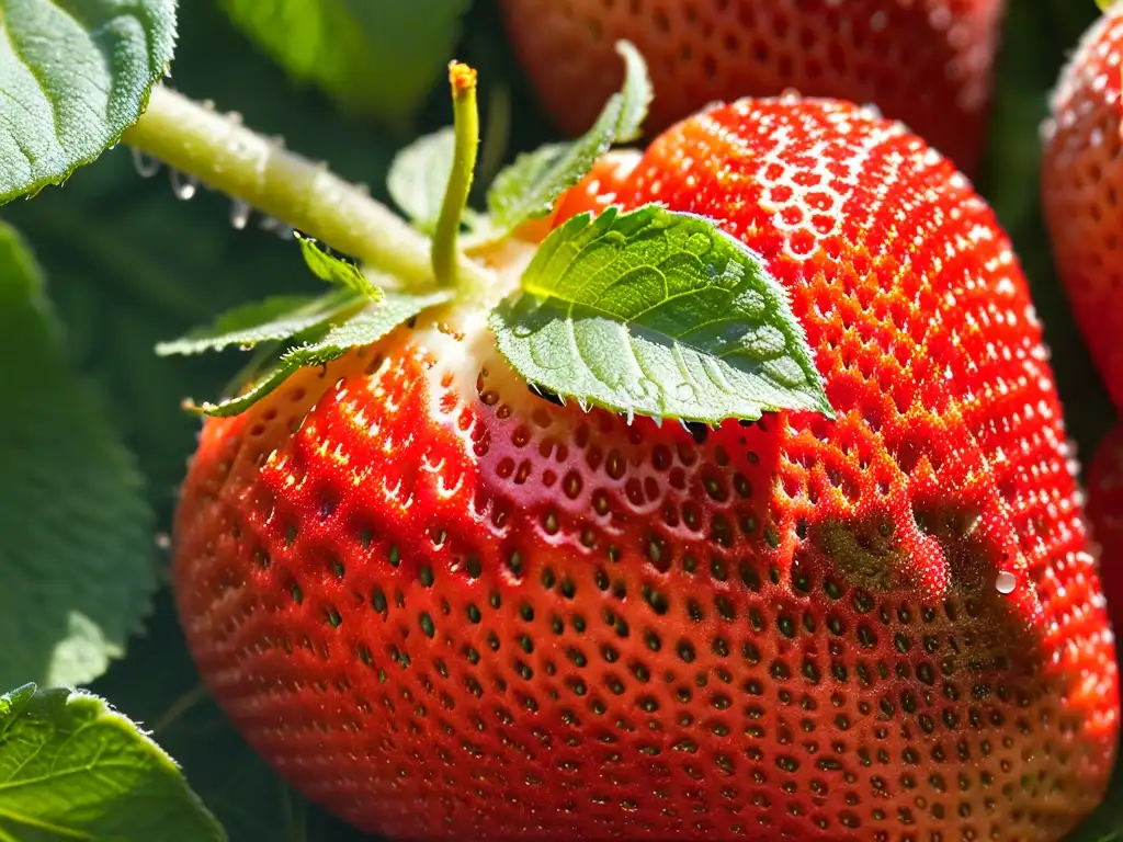 Deliciosa fresa orgánica sobre hojas de menta fresca con agua brillante al sol