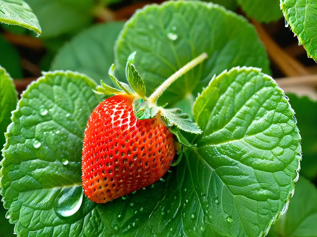 Deliciosa fresa roja sobre hojas de menta fresca, goteando agua