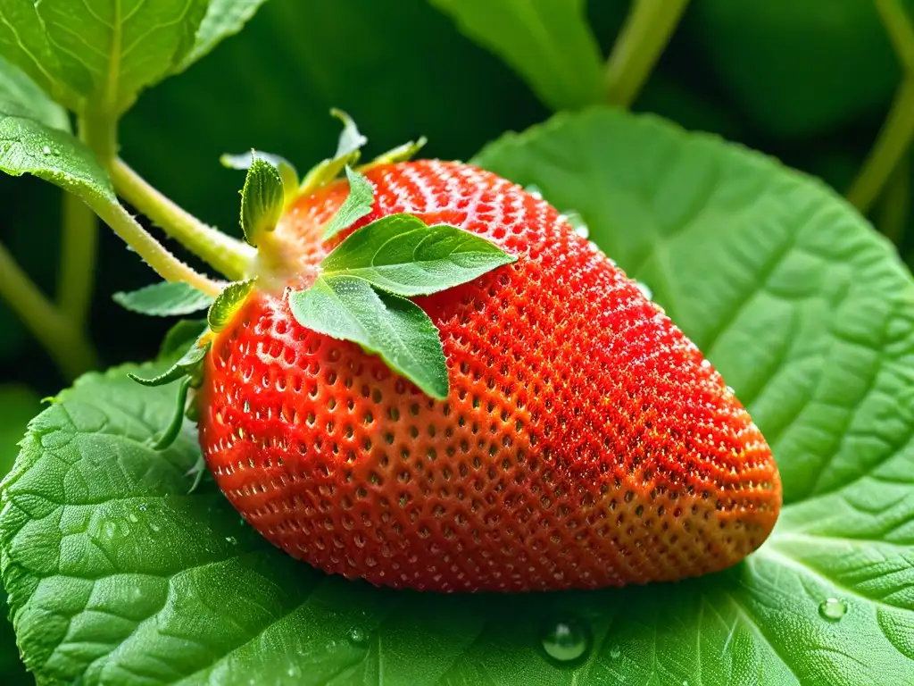 Deliciosa fresa roja sobre hojas verdes de albahaca, con gotas de agua brillantes, ingredientes orgánicos postres lujo sostenibles