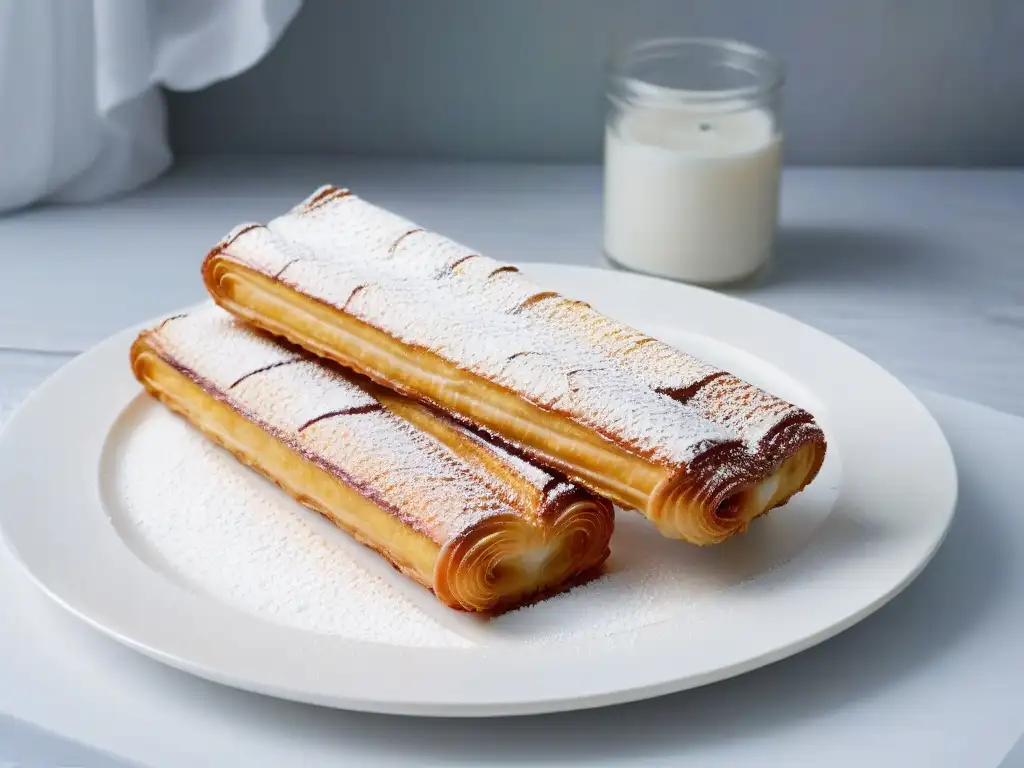 Deliciosa fritura en repostería crujiente perfecta: churro dorado con azúcar glass en plato blanco