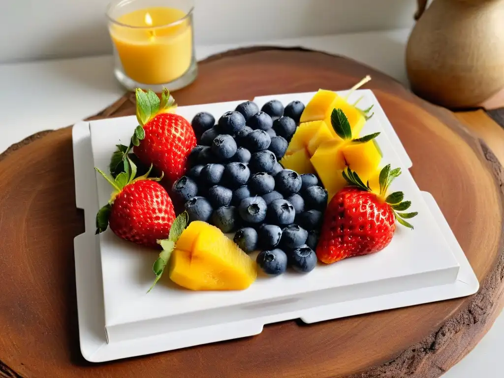 Deliciosa selección de frutas frescas en plato blanco, tendencias en repostería saludable