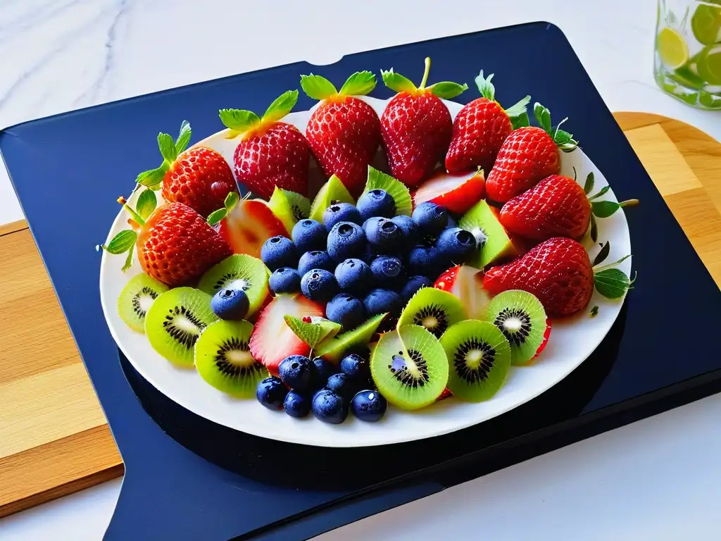 Deliciosa combinación de frutas frescas en un plato de mármol blanco