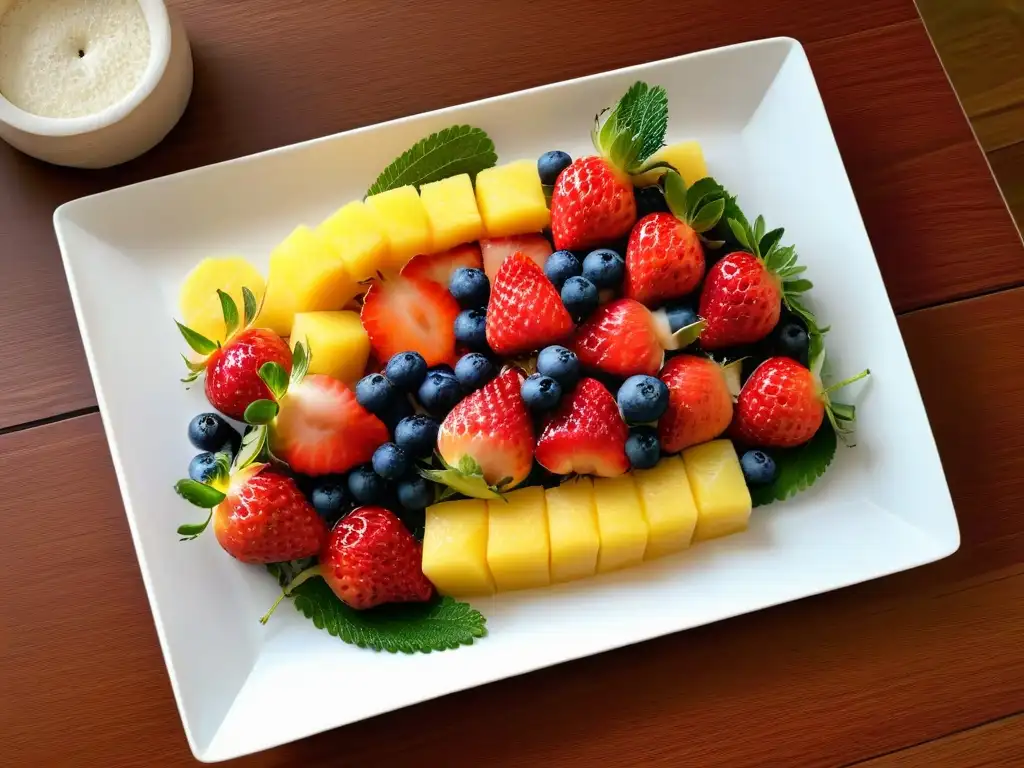Deliciosa combinación de frutas frescas en un plato blanco, ideal para postres saludables con sabor único
