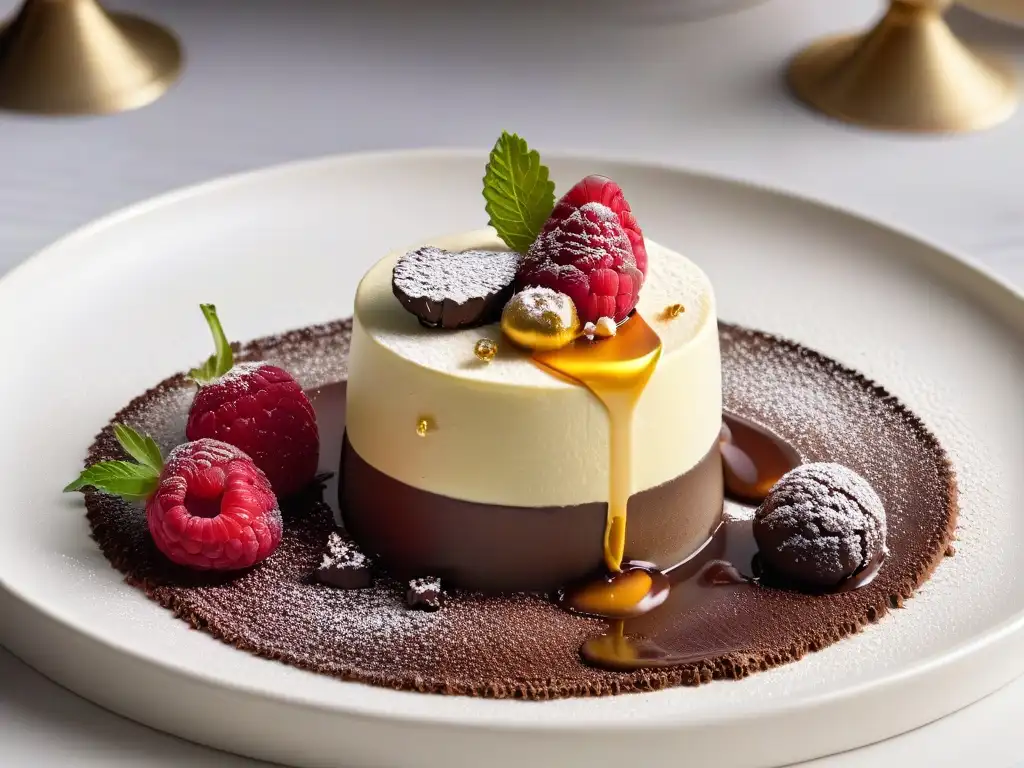 Postre gourmet con ganache de chocolate y sorbete de frambuesa Una deliciosa fusión de postres tradicionales y modernos en un festival culinario