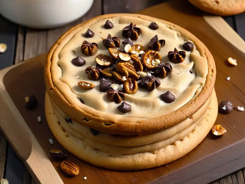 Deliciosa galleta con chips de chocolate, nueces y semillas en mesa de madera rústica