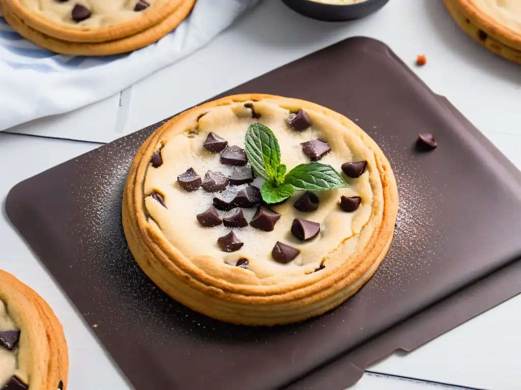 Deliciosa galleta de chocolate en Silpat con chips y sal marina, en una cocina moderna