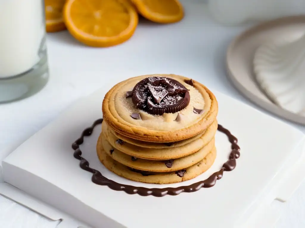 Deliciosa galleta con chocolate derretido en plato blanco, rodeada de cacao