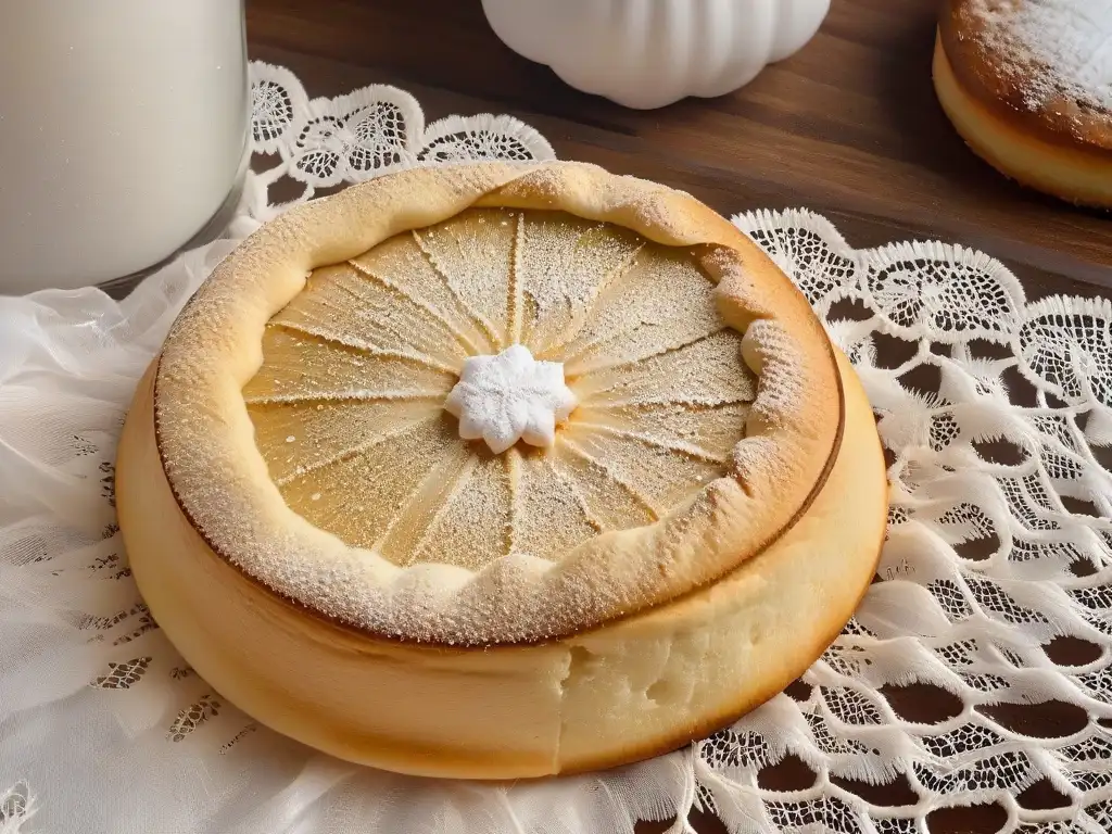 Deliciosa galleta danesa dorada con azúcar glas, sobre encaje y mesa rústica