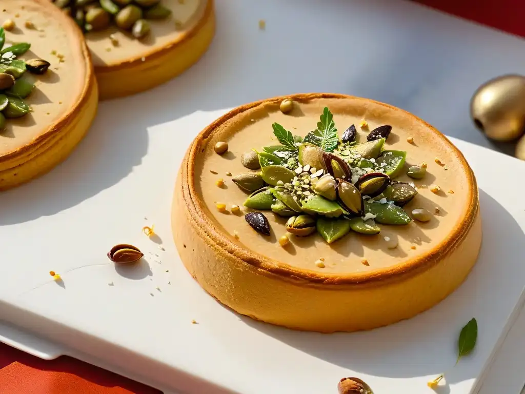 Deliciosa galleta Barazek dorada con pistachos y sésamo en encimera de mármol moderna, invitando a saborear cada detalle