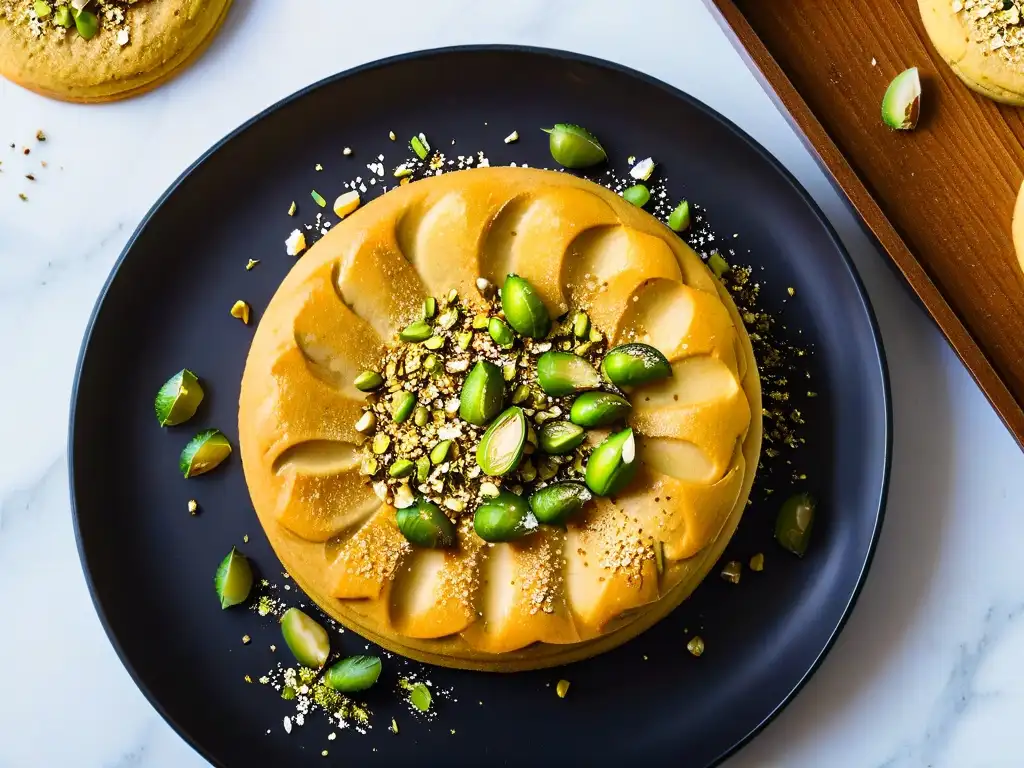 Deliciosa galleta Barazek dorada con pistachos y sésamo en plato negro mate