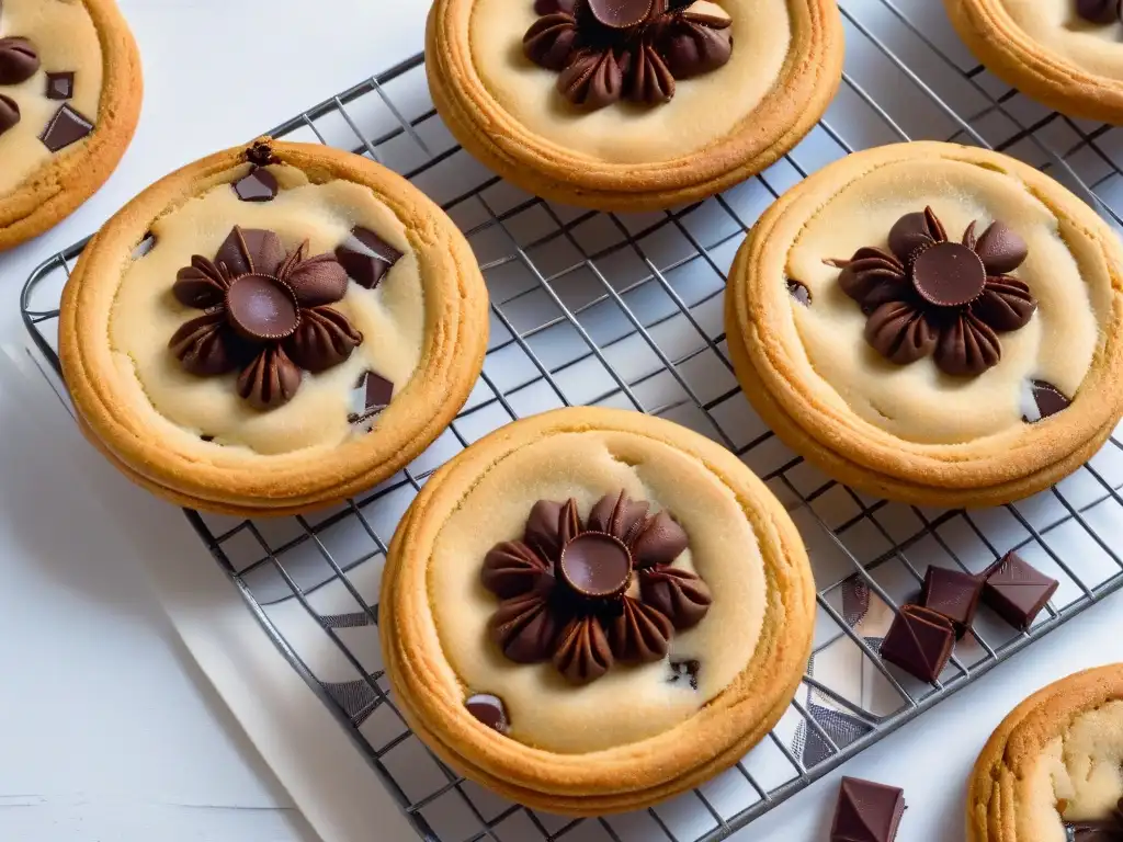 Deliciosa galleta vegana de chocolate con chispas, textura crujiente y centro suave, rodeada de sal marina