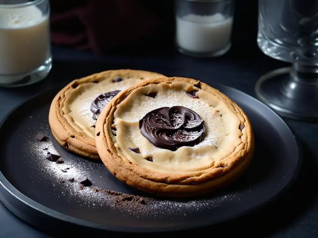 Deliciosa galleta vegana con trozos de chocolate negro en plato negro mate