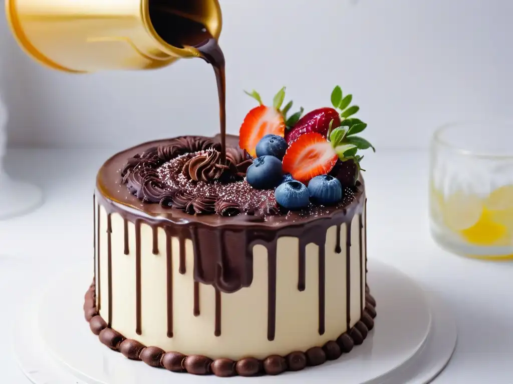 Delicioso ganache de chocolate vegano sobre pastel decadente Deliciosa ganache vegana de chocolate sobre un pastel vegano, ideal para recetas cremas rellenos veganos