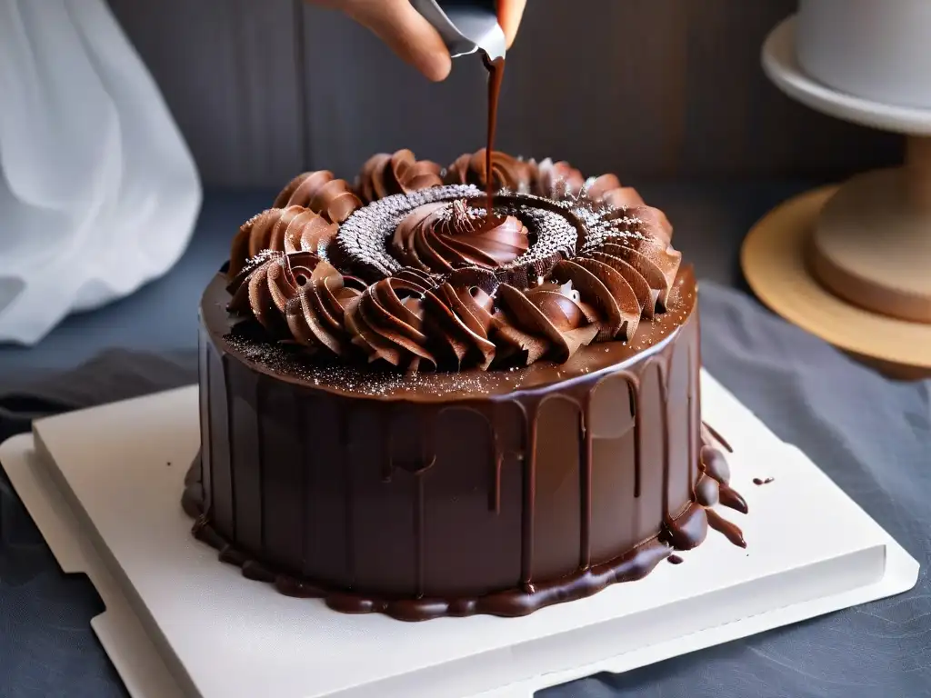 Delicioso ganache de chocolate vegano sobre pastel irresistible Deliciosa ganache vegana de chocolate cubriendo un exquisito pastel vegano