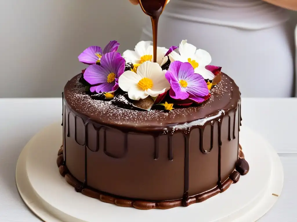 Exquisita ganache vegana bañando un pastel vegano decorado Deliciosa ganache vegana siendo vertida sobre un pastel decorado con flores comestibles y chocolate