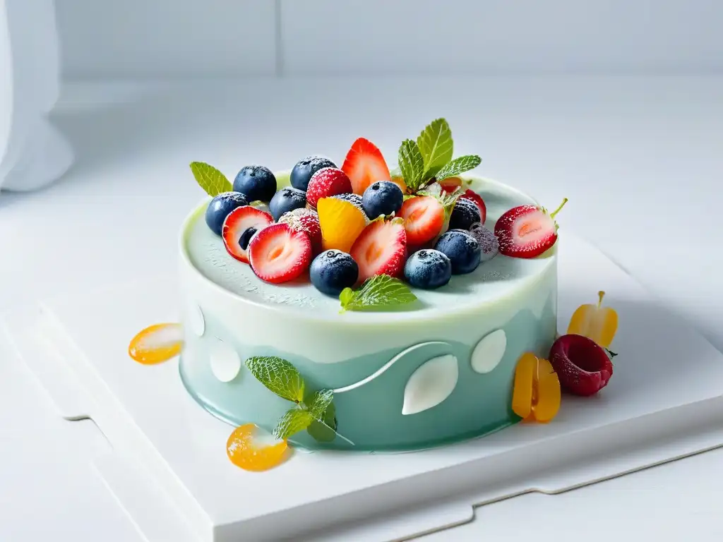 Deliciosa gelatina natural sin gluten con frutas y decoración elegante en vaso de cristal sobre mármol blanco