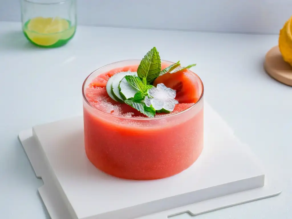 Deliciosa granita de sandía y menta en vaso moderno sobre encimera de mármol blanco, ideal para postres refrescantes para barbacoas de verano