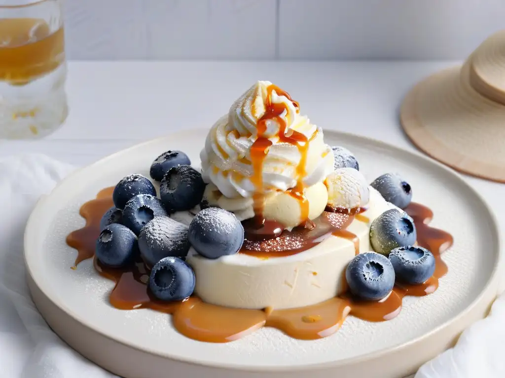 Deliciosa presentación de helado de vainilla sin azúcar con arándanos y salsa de caramelo, ideal para recetas helados caseros diabéticos