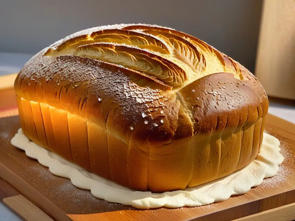 Deliciosa hogaza dorada recién horneada en tabla de madera rústica