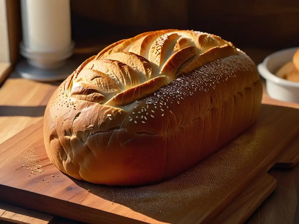 Deliciosa hogaza dorada recién horneada sobre tabla de madera rústica