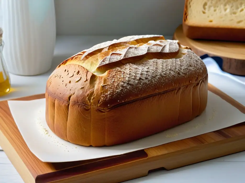 Deliciosa hogaza dorada sin gluten recién horneada, con corteza crujiente y harina espolvoreada
