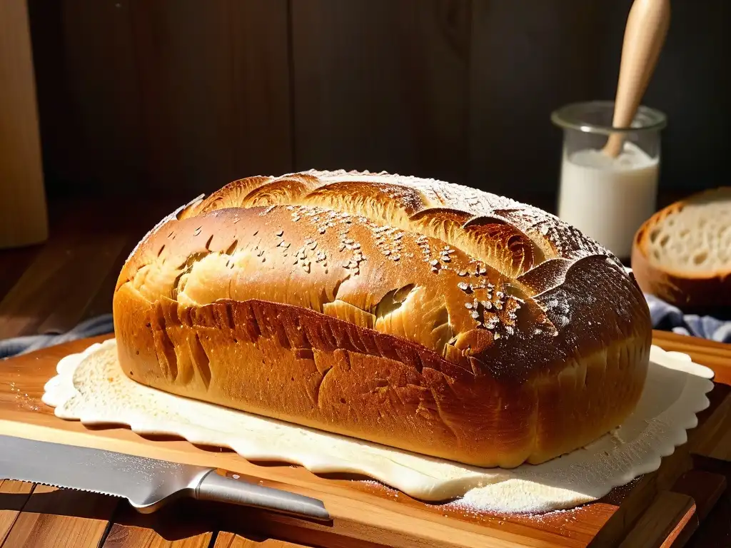 Deliciosa hogaza dorada de pan artesanal con harina, cuchillo rústico y la mejor marca levadura repostería en tabla de madera