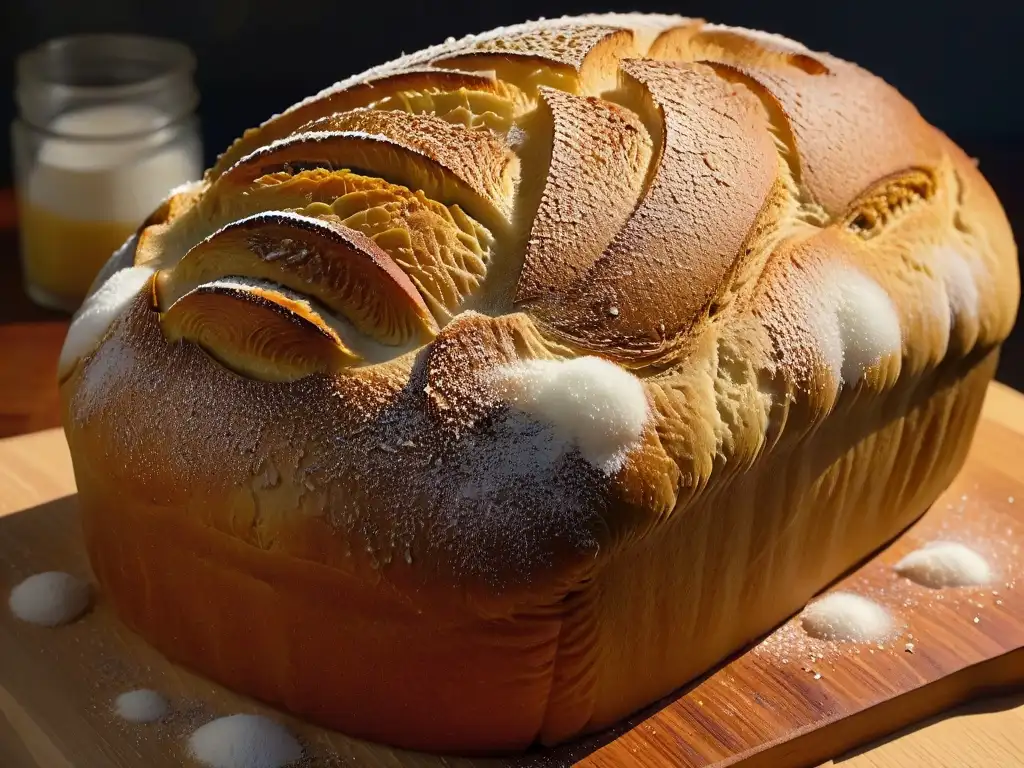 Deliciosa hogaza de masa madre artesanal, perfectamente dorada y esponjosa, sobre tabla de madera