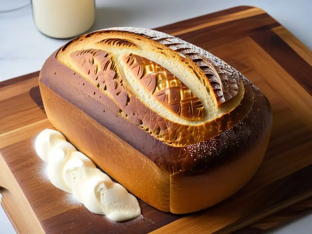 Deliciosa hogaza de masa madre con patrón en la corteza, sobre tabla de madera