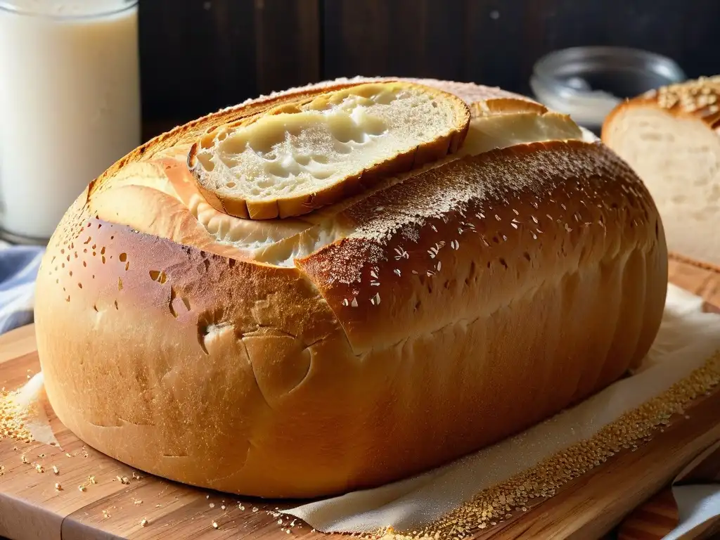 Deliciosa hogaza de masa madre con corteza dorada y crujiente, rodeada de harina y romero fresco