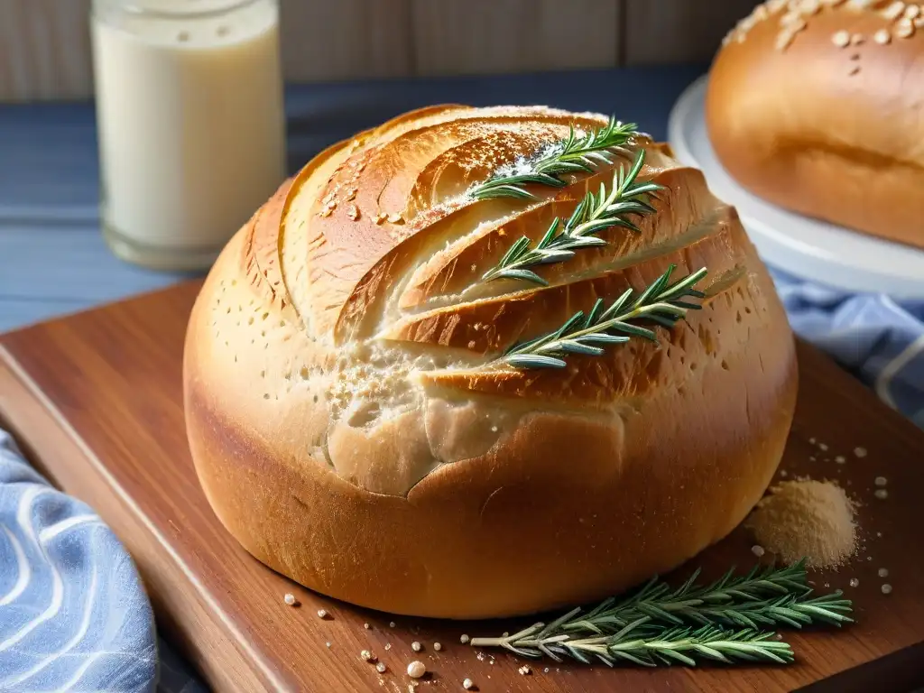 Deliciosa hogaza de pan artesanal recién horneado en tabla de madera, con granos de trigo y romero fresco