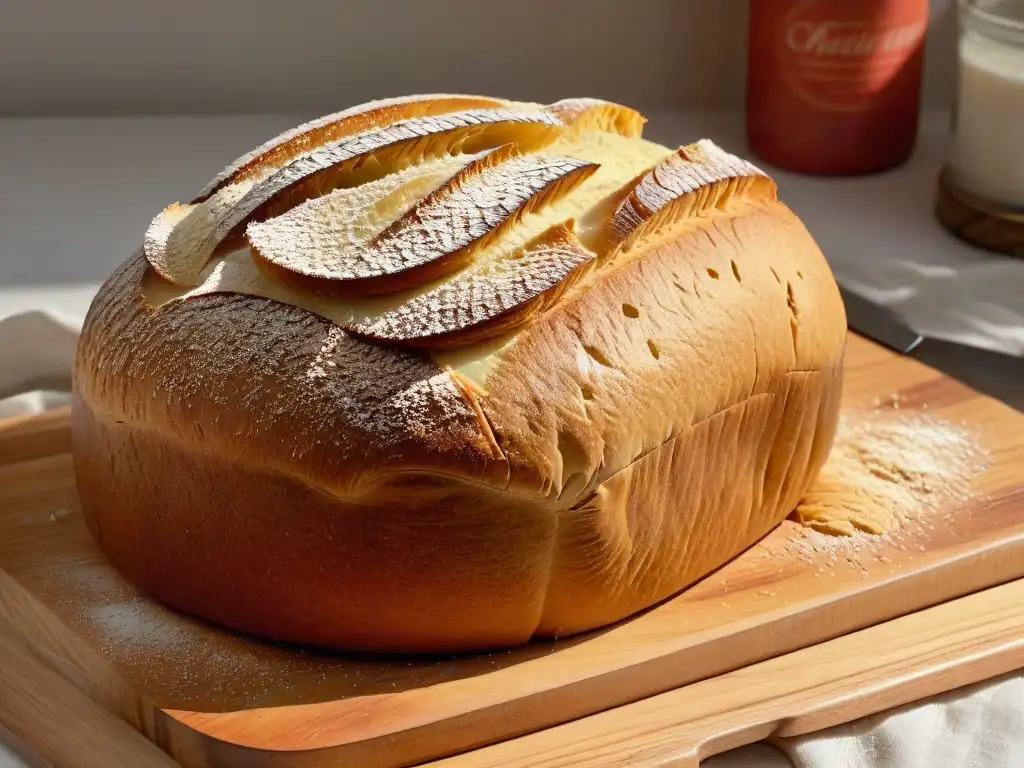 Una deliciosa hogaza de pan artesanal recién horneado en una tabla de madera rústica, lista para ser cortada con una máquina hacer pan para repostería