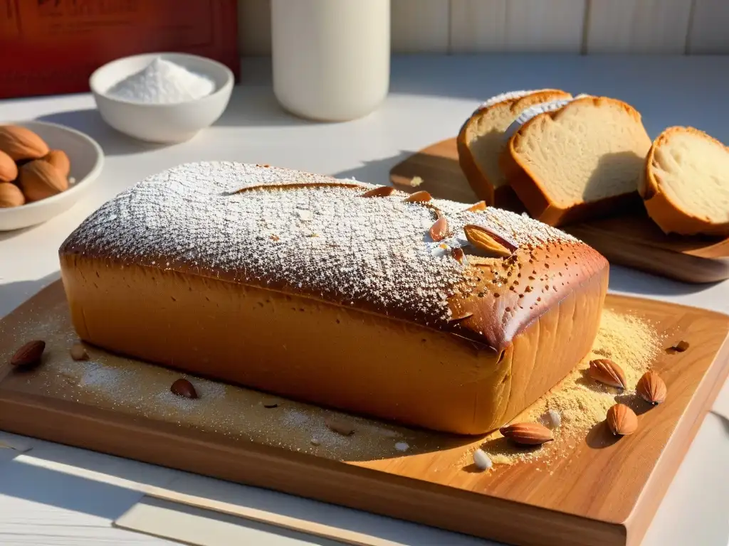 Deliciosa hogaza de pan de harina de almendras recién horneada con almendras fileteadas y azúcar glas, en tabla de madera rústica