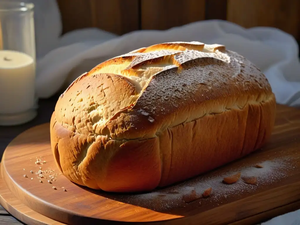 Deliciosa hogaza de pan recién horneado en tabla de madera rústica, con miga perfecta y corteza dorada, ideal para tu mejor marca levadura repostería