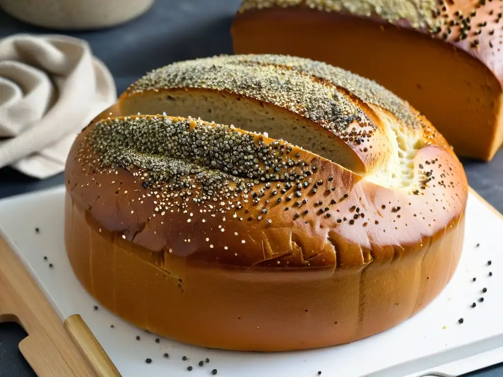 Deliciosa hogaza de pan recién horneado con semillas de amapola en repostería, dorada y tentadora