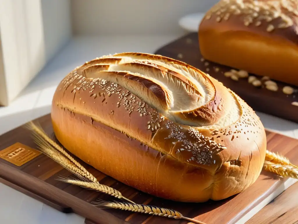 Deliciosa hogaza de pan de masa madre artesanal recién horneada en tabla de madera rústica, iluminada por luz natural