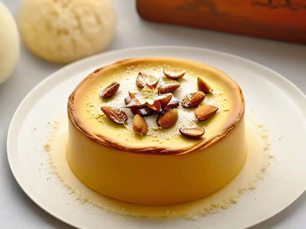 Delicioso Hareeseh recién horneado con almendras - Detalle ultra realista Deliciosa Hareeseh recién horneada con almendras, tendencia en repostería