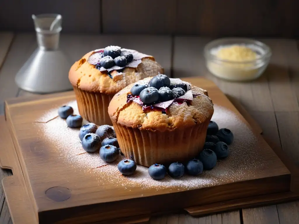 Deliciosa magdalena sin gluten con arándanos recién horneada en una mesa de madera rústica