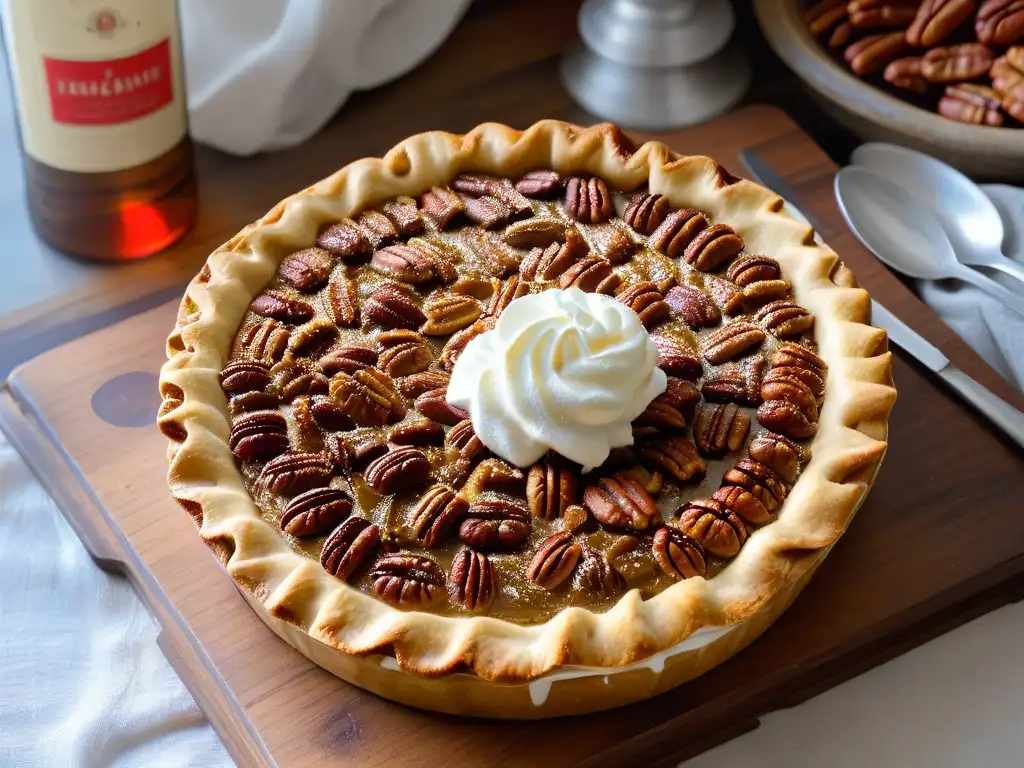 Deliciosa Pecan Pie horneada en mesa rústica con ingredientes y utensilios para Receta auténtica de Pecan Pie