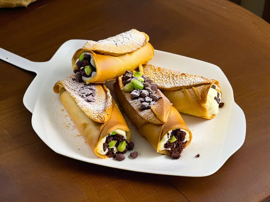 Una deliciosa imagen detallada de un cannoli siciliano recién hecho, con su crujiente caparazón dorado relleno de ricota, chocolate y pistachos