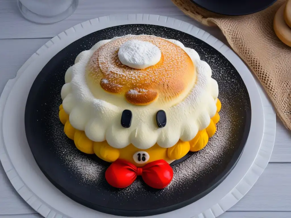 Deliciosa magdalena inspirada en Super Mario, dorada y espolvoreada con azúcar glass, en un elegante plato negro